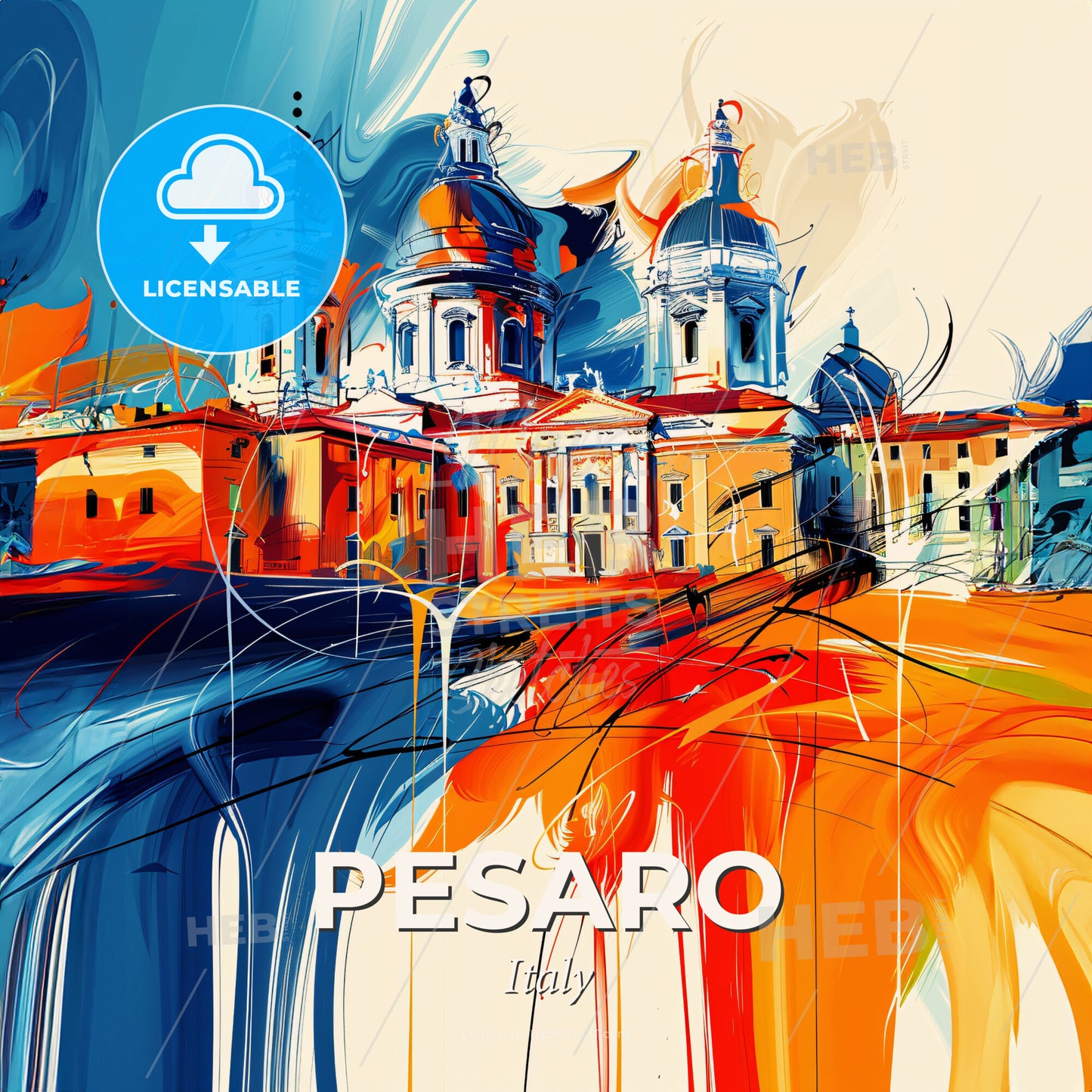 Vibrant Pesaro, Italy - A Painting Of A Building With A Waterfall - Square format print template