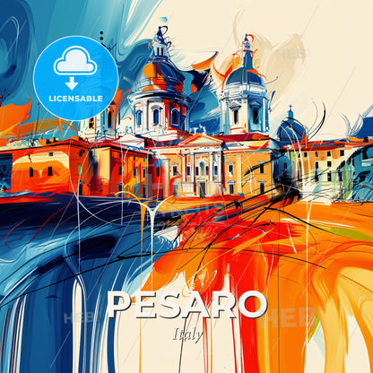 Vibrant Pesaro, Italy - A Painting Of A Building With A Waterfall - Square format print template
