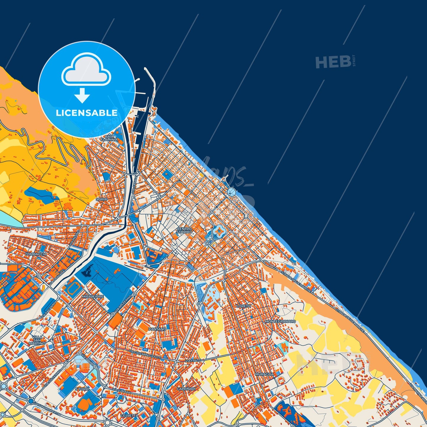 Colorful Pesaro Street Map with Labels and Buildings