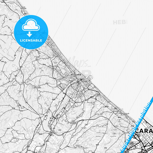 Pescara, Italy light map with streetnames, citynames and districts