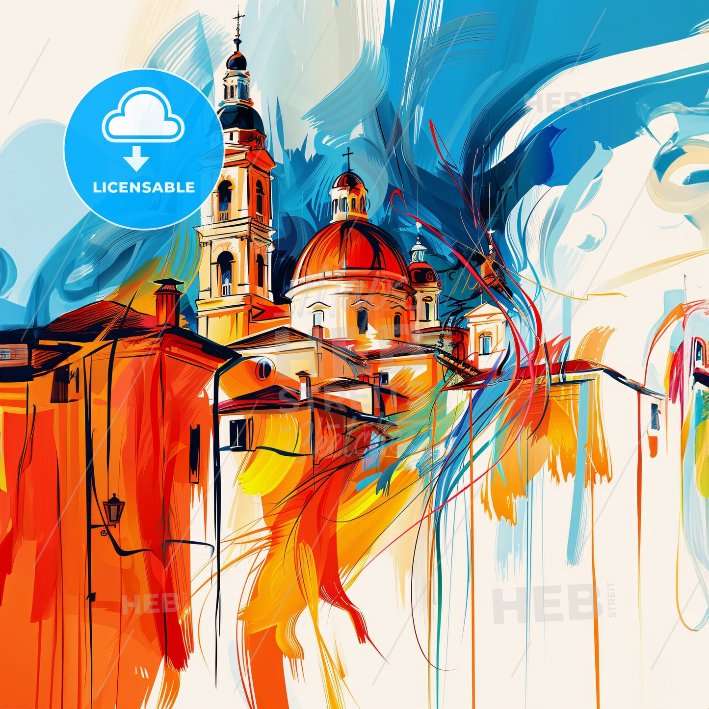 Vibrant Pescara, Italy - A Painting Of A Building With Towers And A Blue And Orange Background