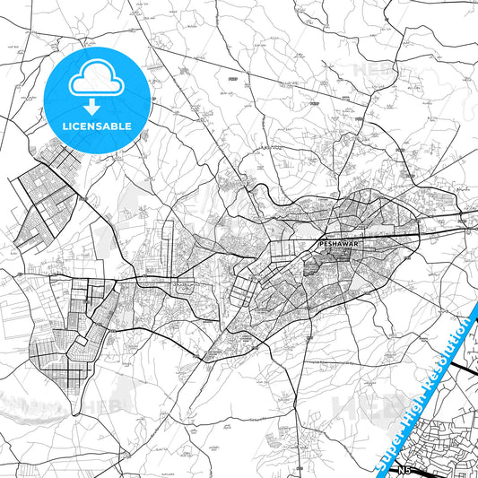 Peshawar, Pakistan light map with streetnames, citynames and districts