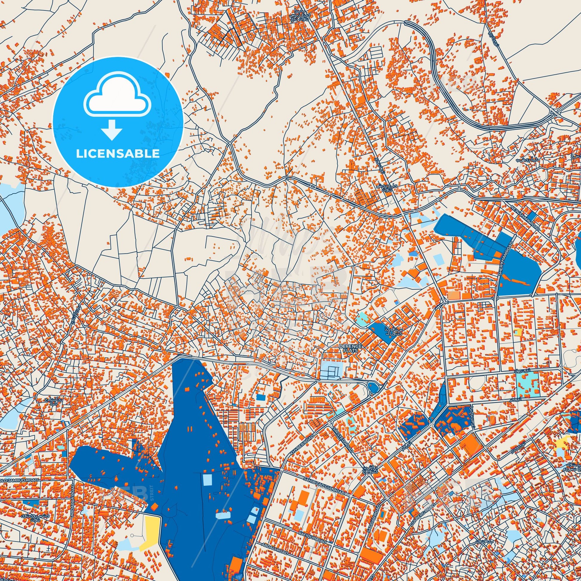 Colorful Peshawar Street Map with Labels and Buildings