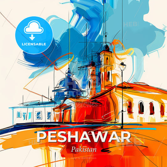 Vibrant Peshawar, Pakistan - A Painting Of A Building - Square format print template