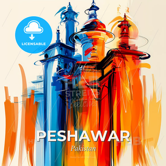 Vibrant Peshawar, Pakistan - A Colorful Painting Of A Building - Square format print template