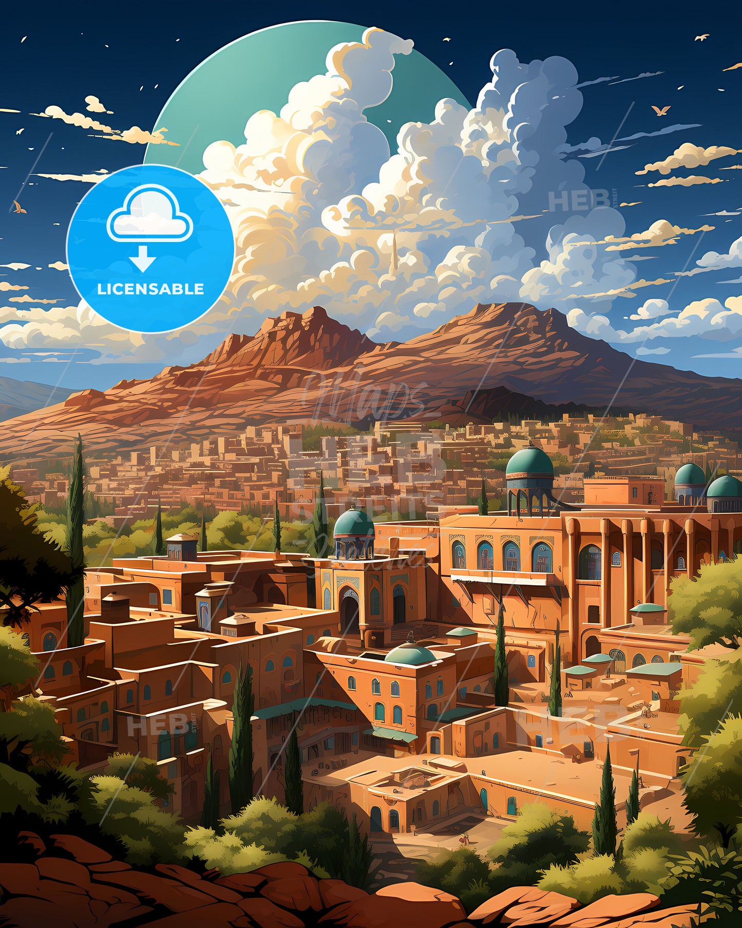 Peshawar Pakistan City Skyline Art Painting Artistic Cityscape Urban Travel Destination Trees Mountains