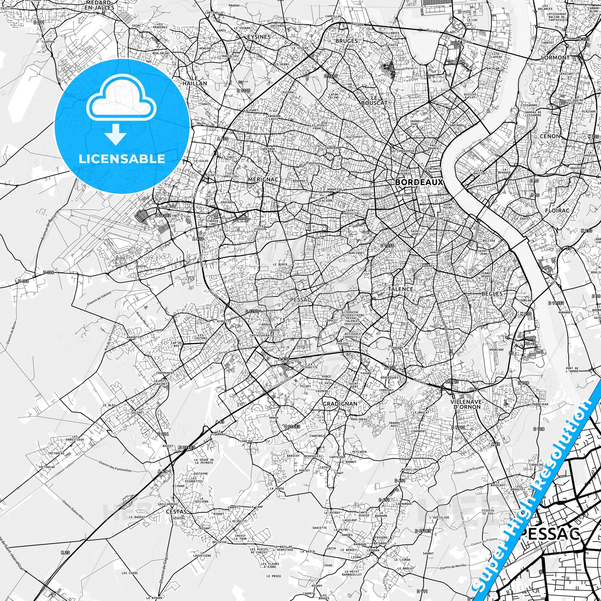 Pessac, France light map with streetnames, citynames and districts