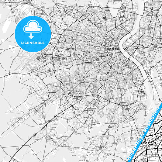 Pessac, France light map with streetnames, citynames and districts