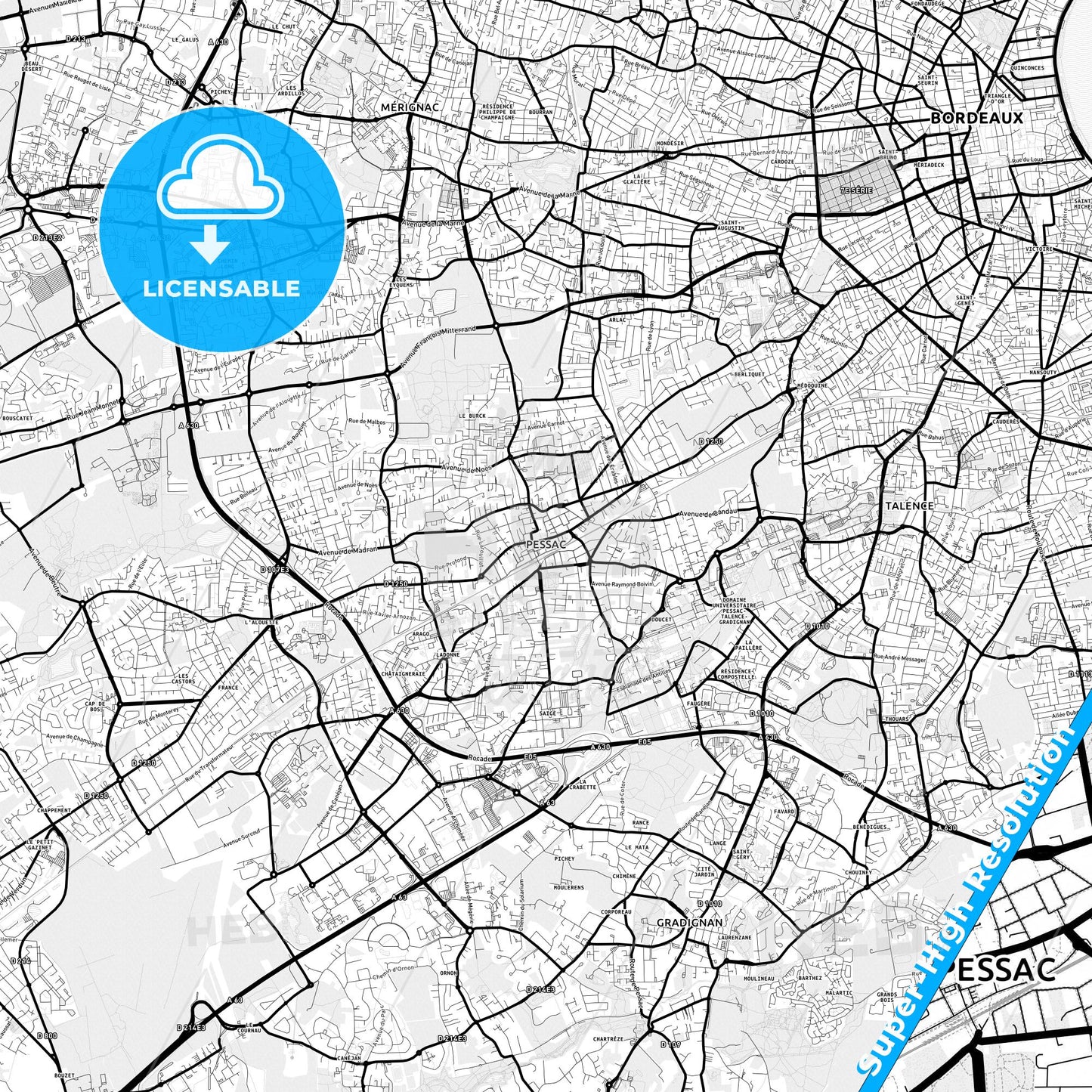 Pessac, France Light Map with Street Names, City Names, and Districts