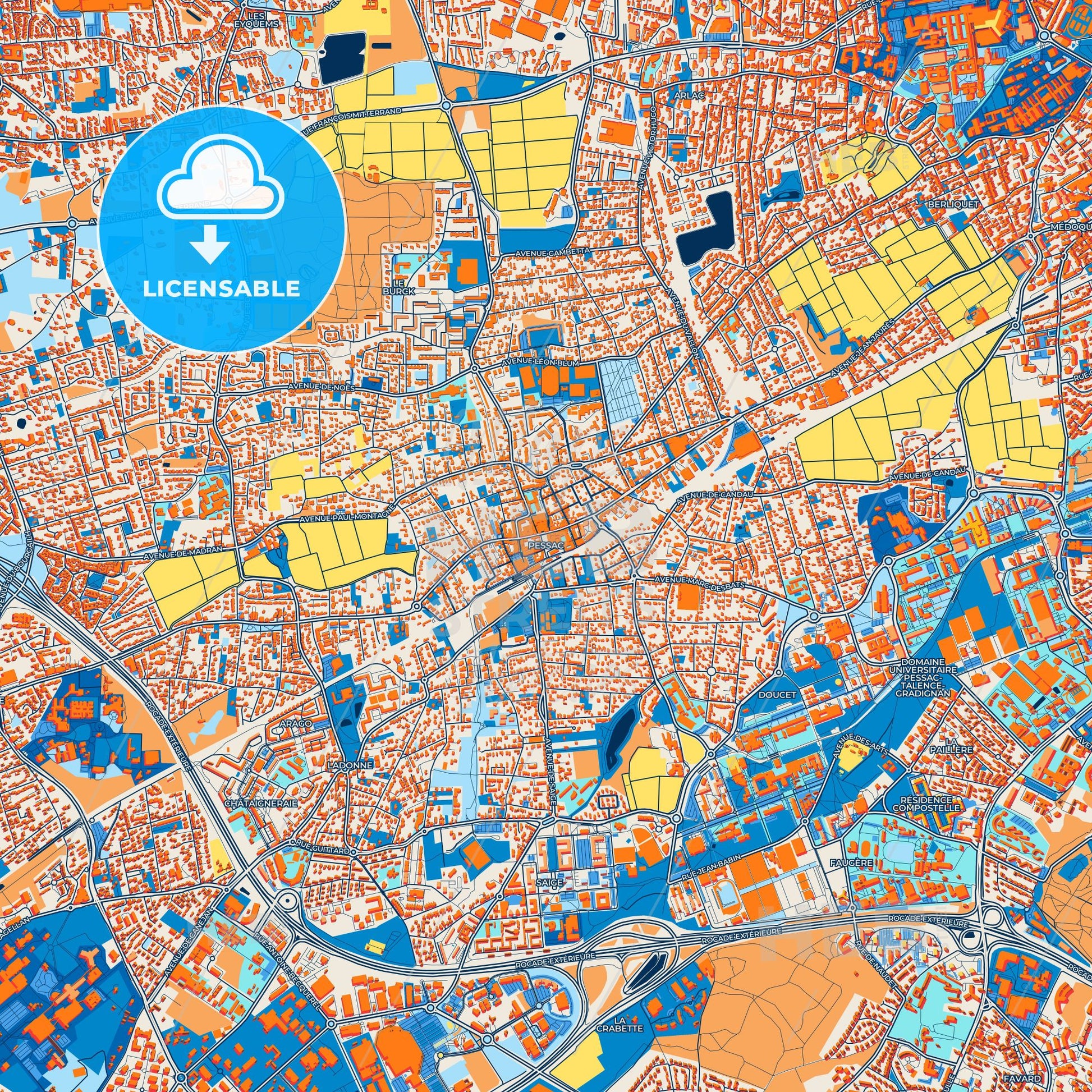 Colorful Pessac Street Map with Labels and Buildings