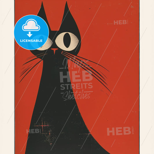 A Black Cat With White Eyes And Whiskers On A Red Background