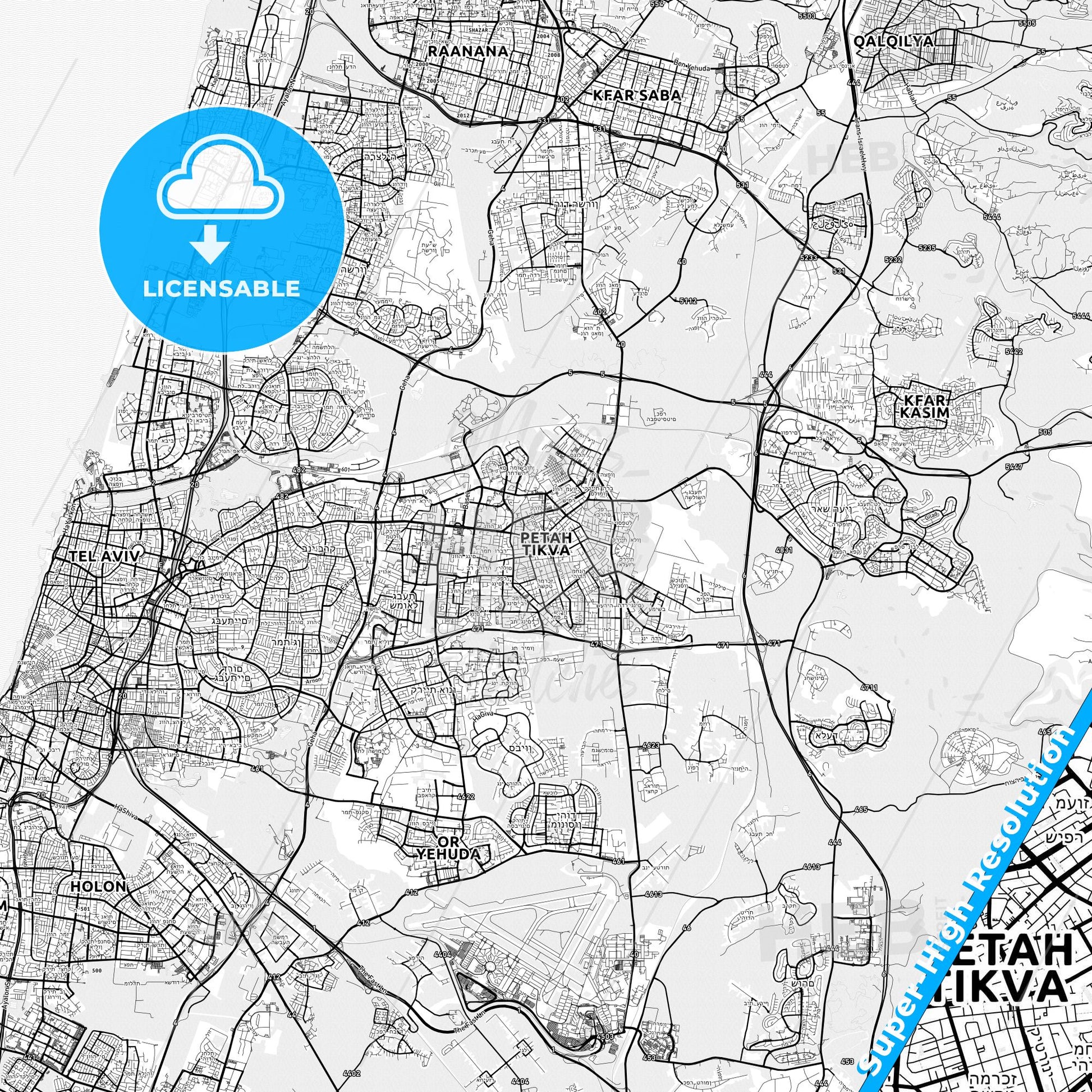 Petah Tikva, Israel light map with streetnames, citynames and districts