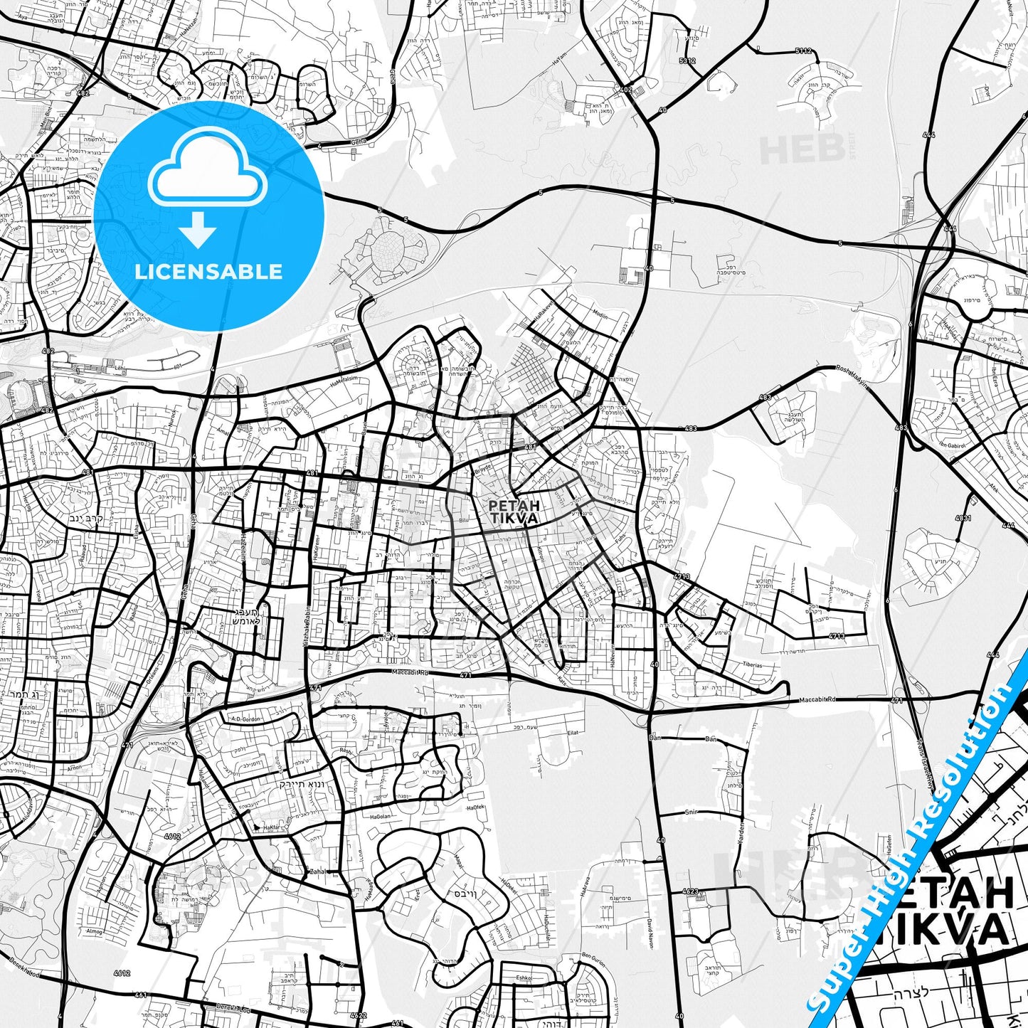 Petah Tikva, Israel Light Map with Street Names, City Names, and Districts