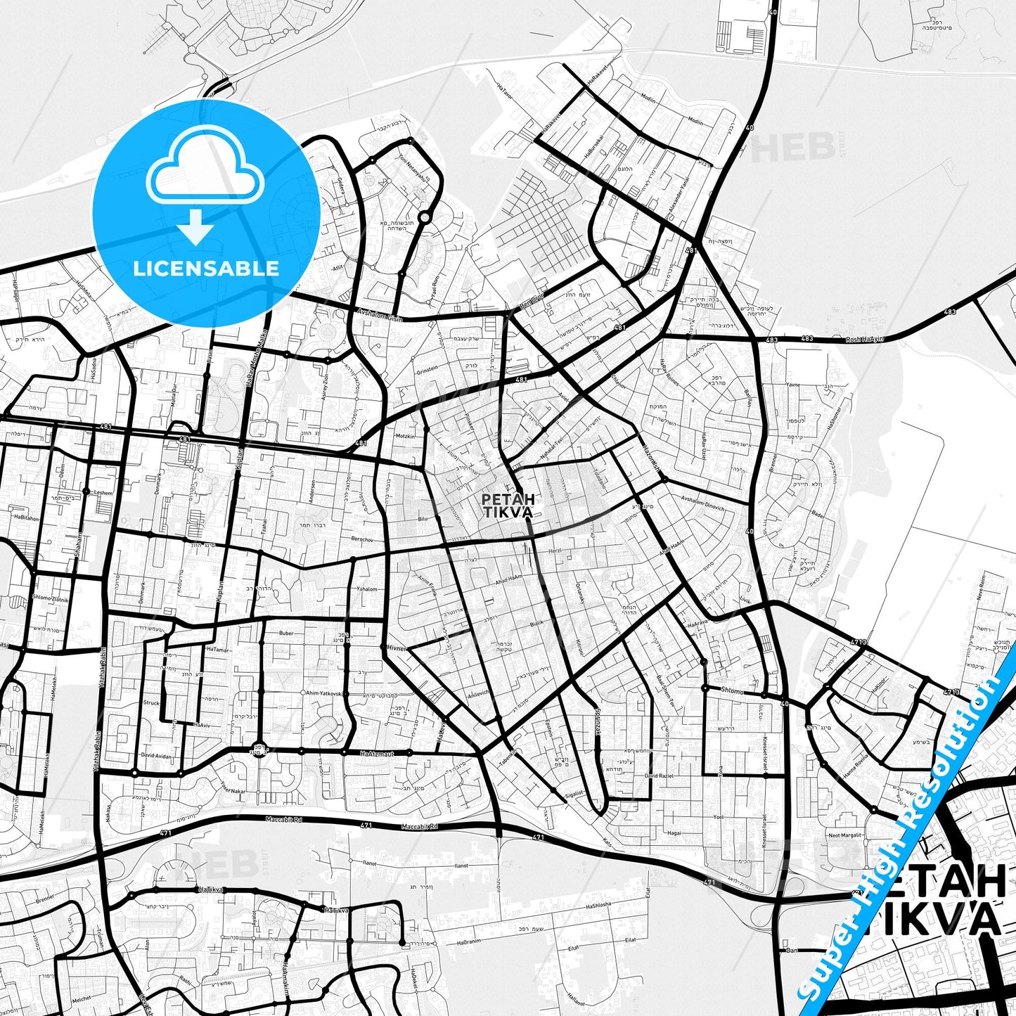 Petah Tikva, Israel Light Map with Street Names, City Names, and Districts