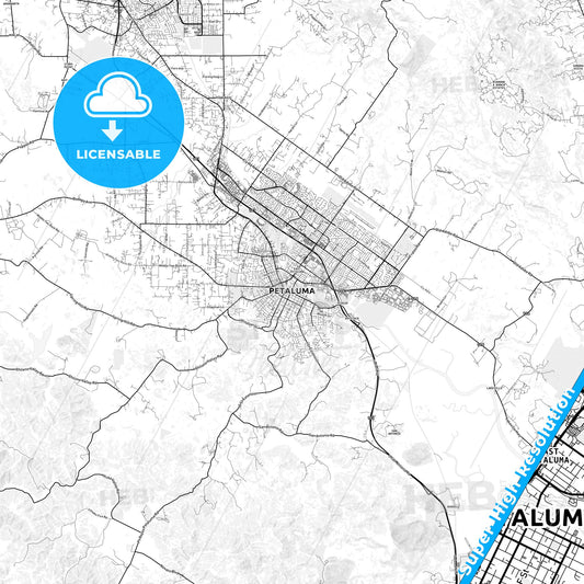 Petaluma, California light map with streetnames, citynames and districts