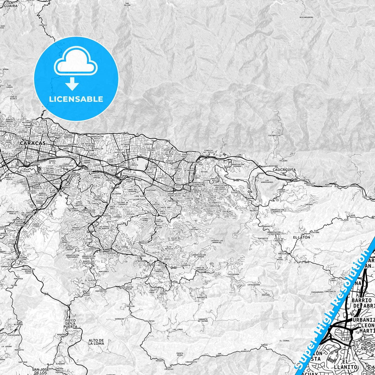Petare, Venezuela light map with streetnames, citynames and districts