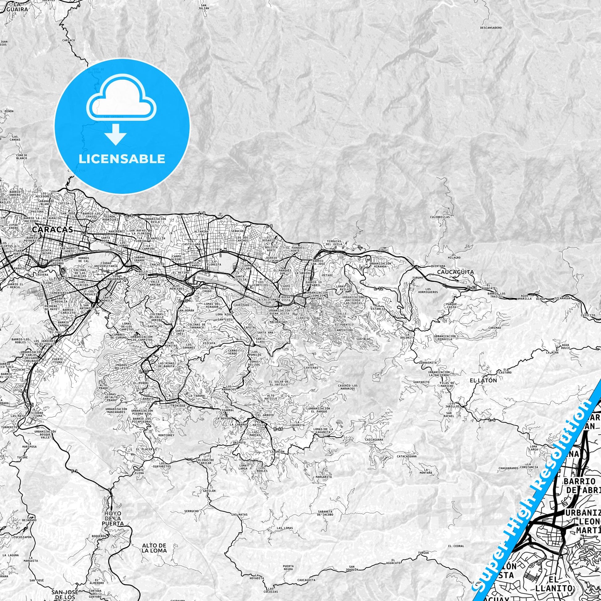 Petare, Venezuela light map with streetnames, citynames and districts