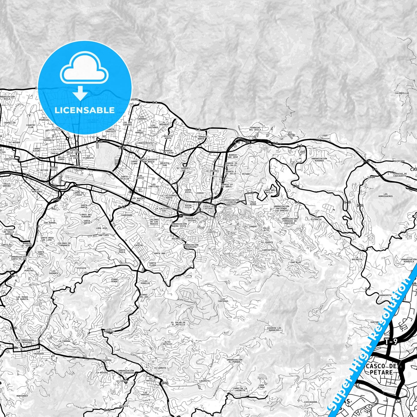Petare, Venezuela Light Map with Street Names, City Names, and Districts