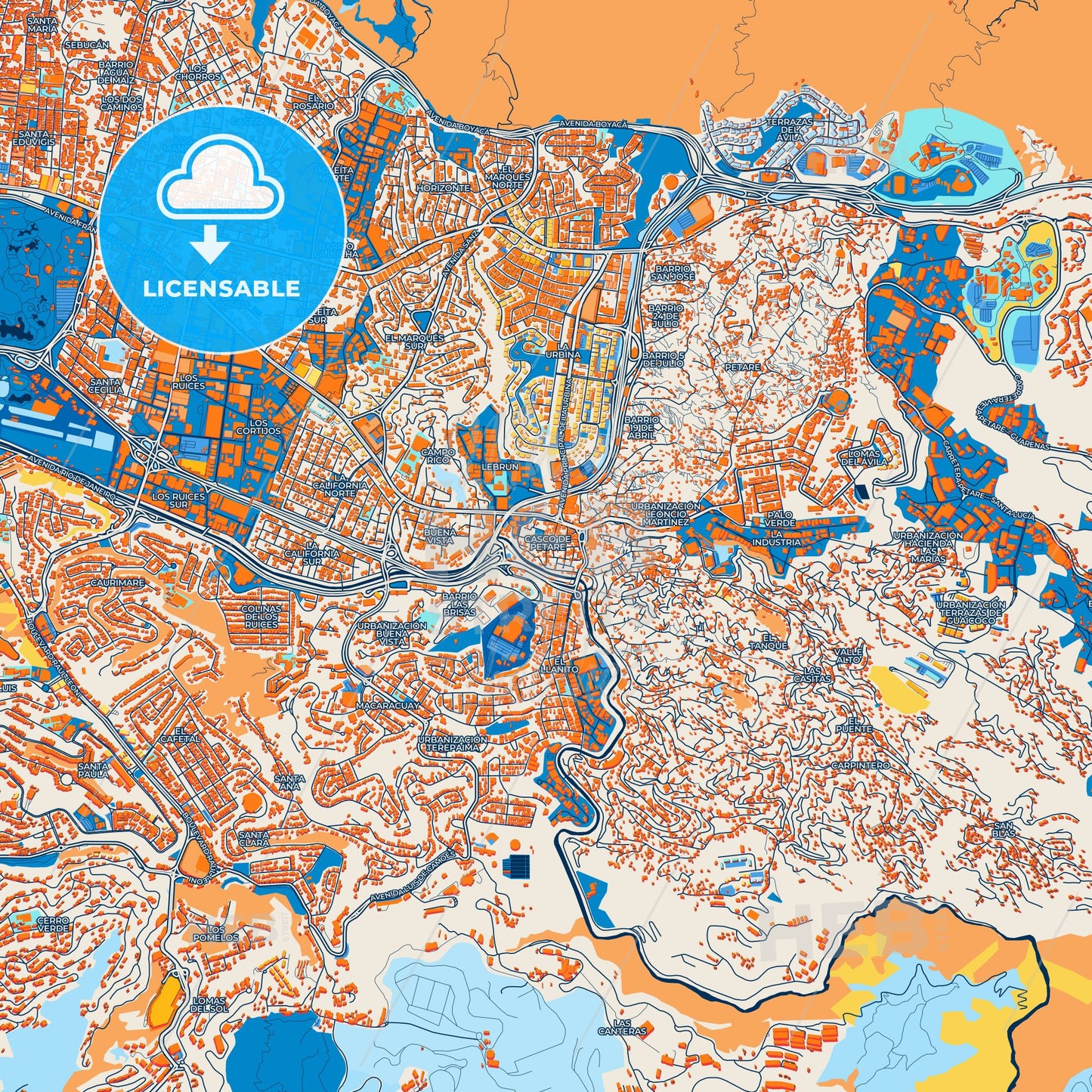 Colorful Petare Street Map with Labels and Buildings