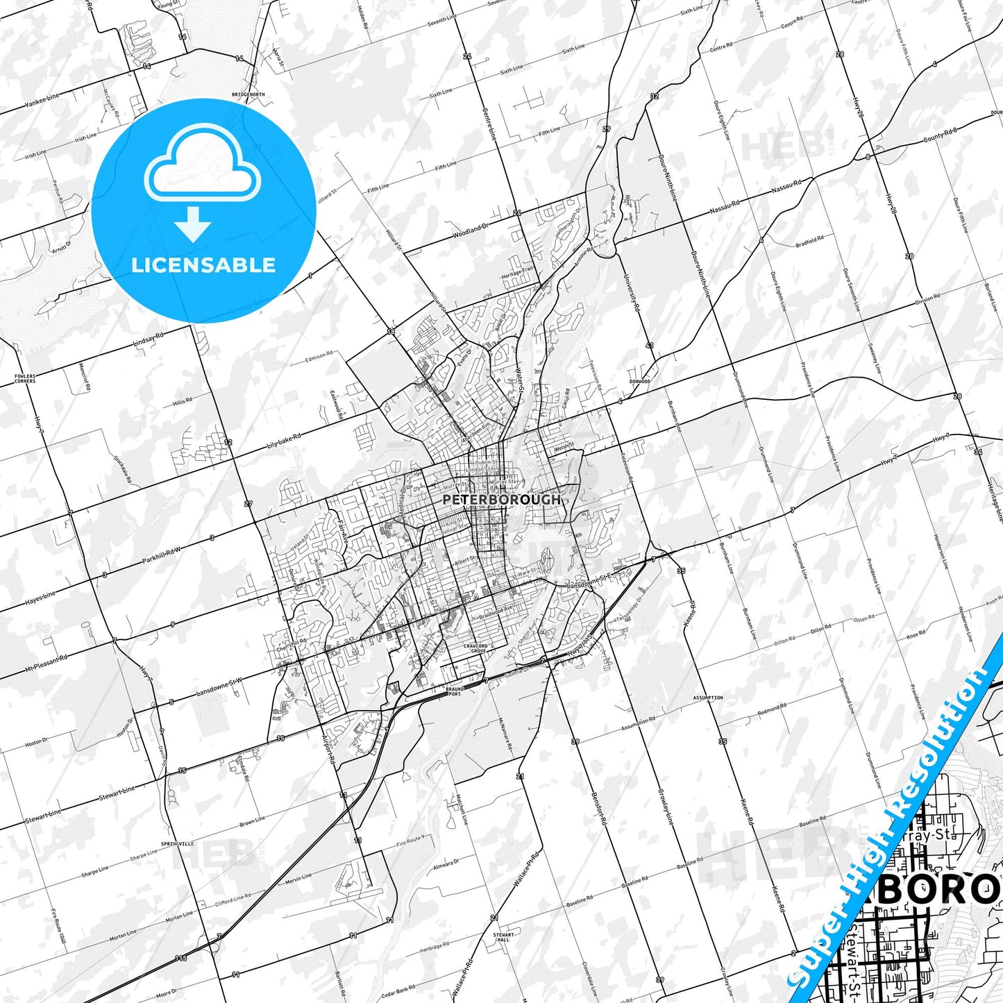 Peterborough, Canada light map with streetnames, citynames and districts
