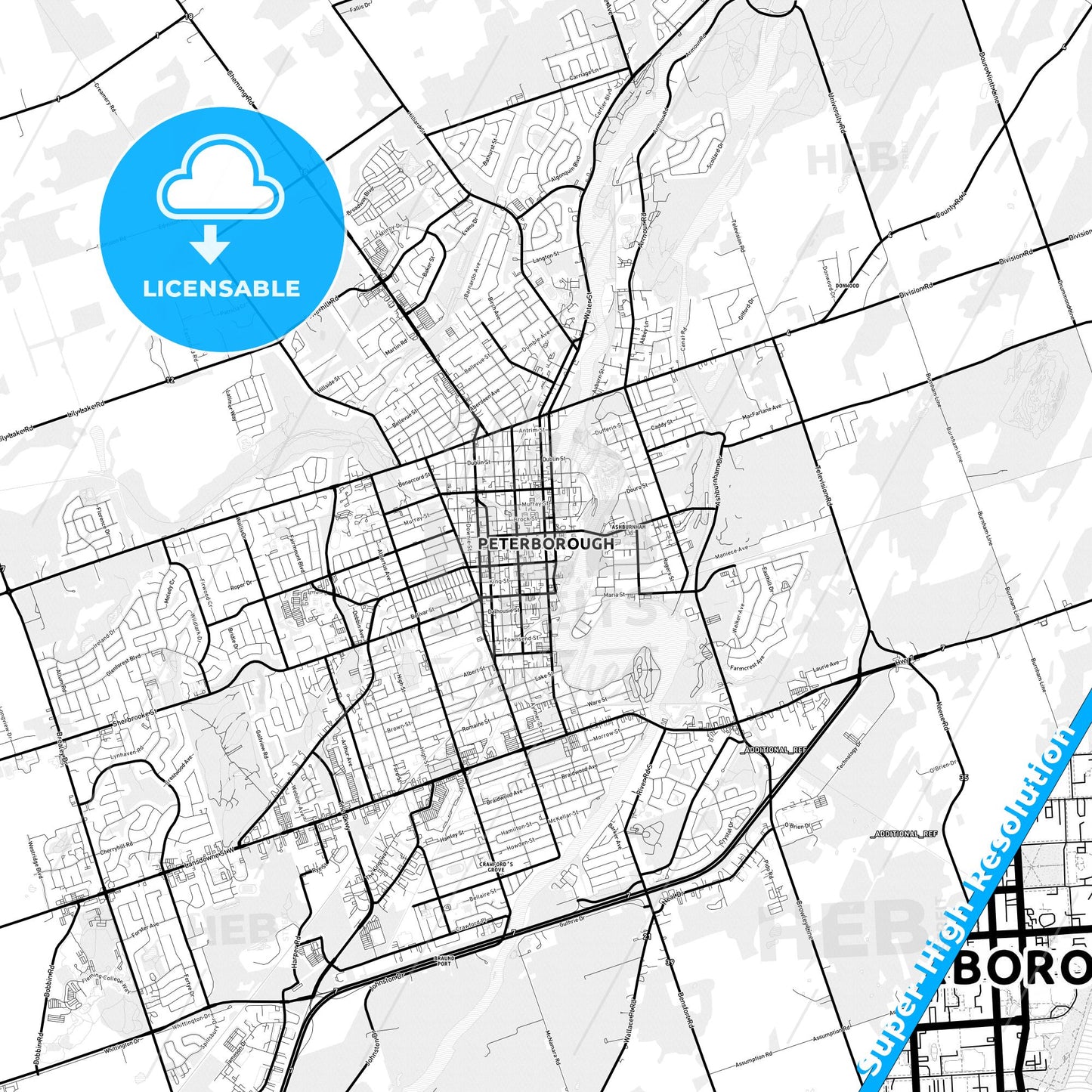 Peterborough, Canada Light Map with Street Names, City Names, and Districts