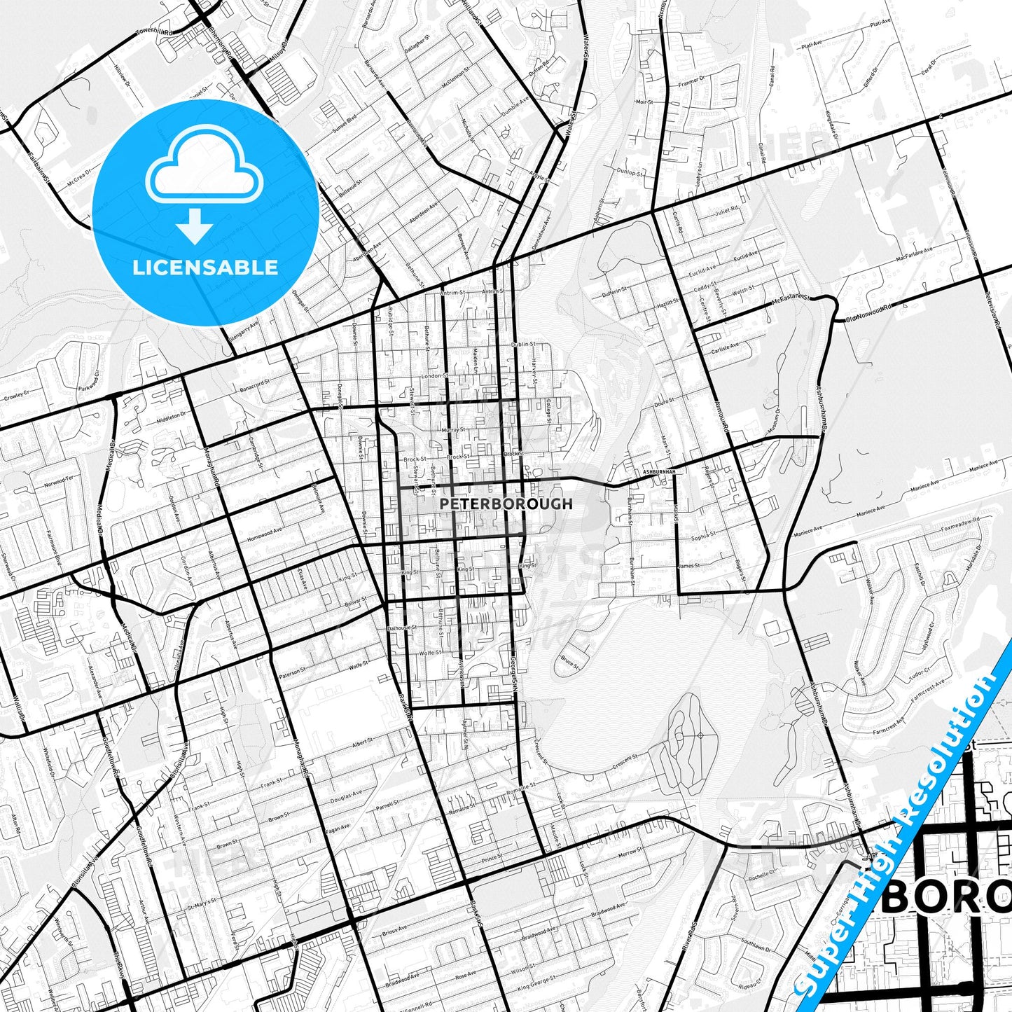 Peterborough, Canada Light Map with Street Names, City Names, and Districts