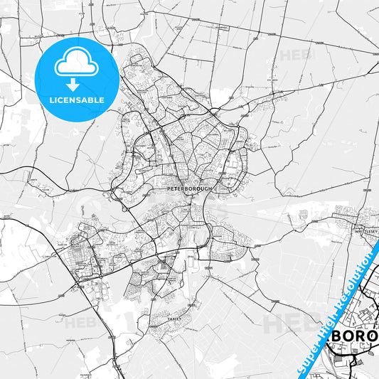Peterborough, England light map with streetnames, citynames and districts