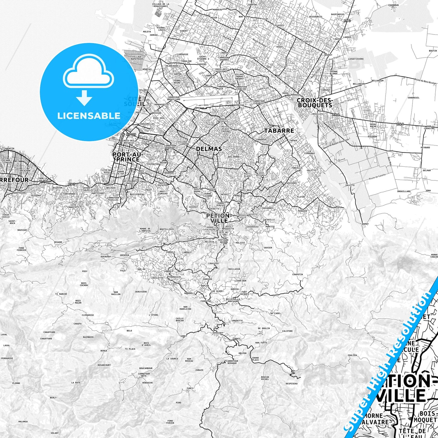 Pétion-Ville, Haiti light map with streetnames, citynames and districts
