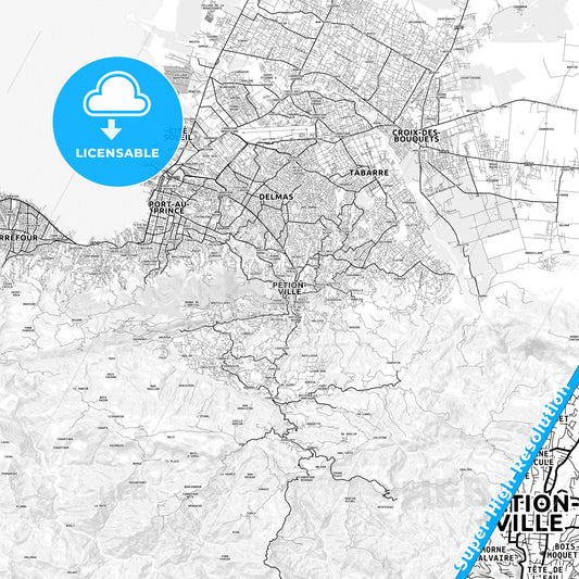 Pétion-Ville, Haiti light map with streetnames, citynames and districts
