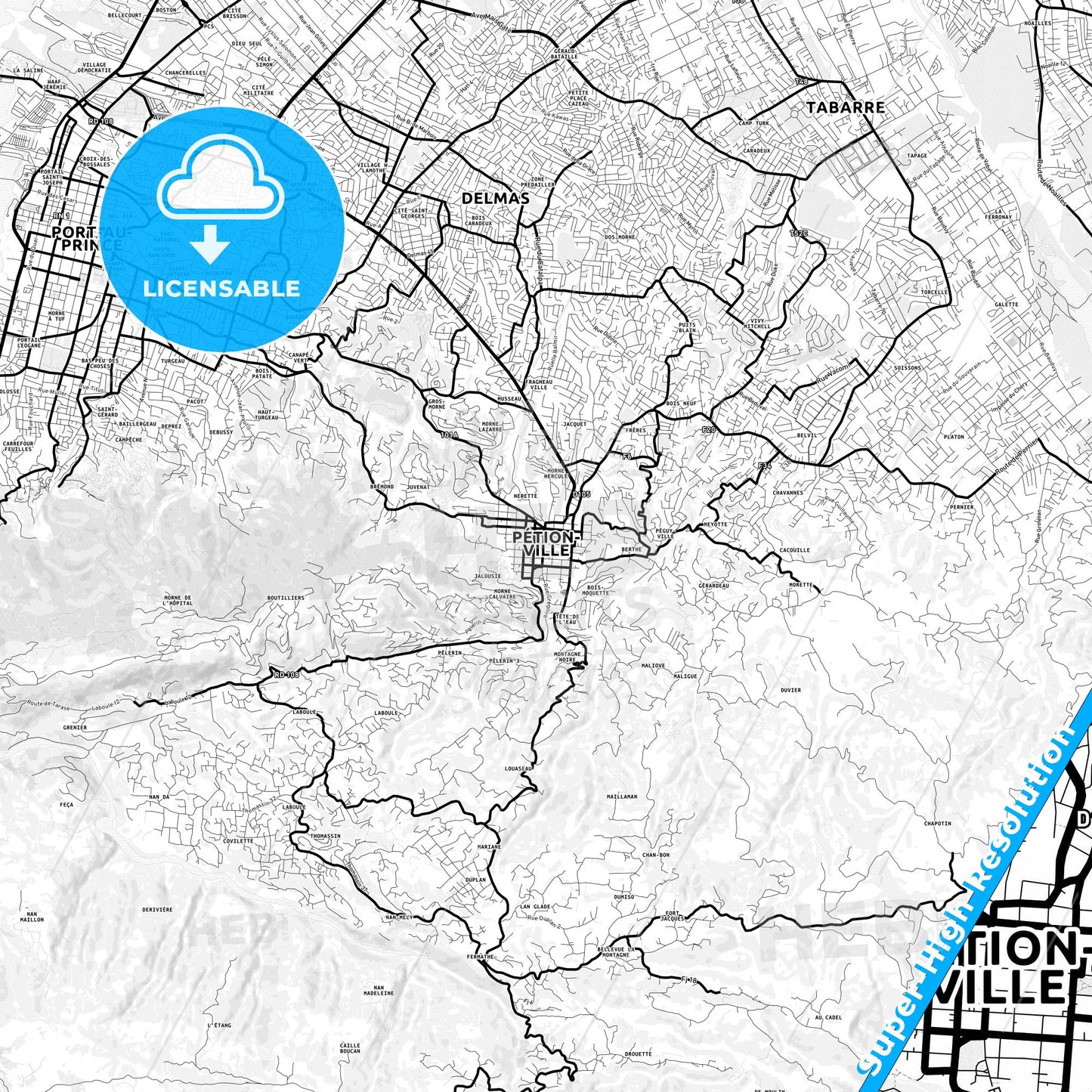 Pétion-Ville, Haiti Light Map with Street Names, City Names, and Districts