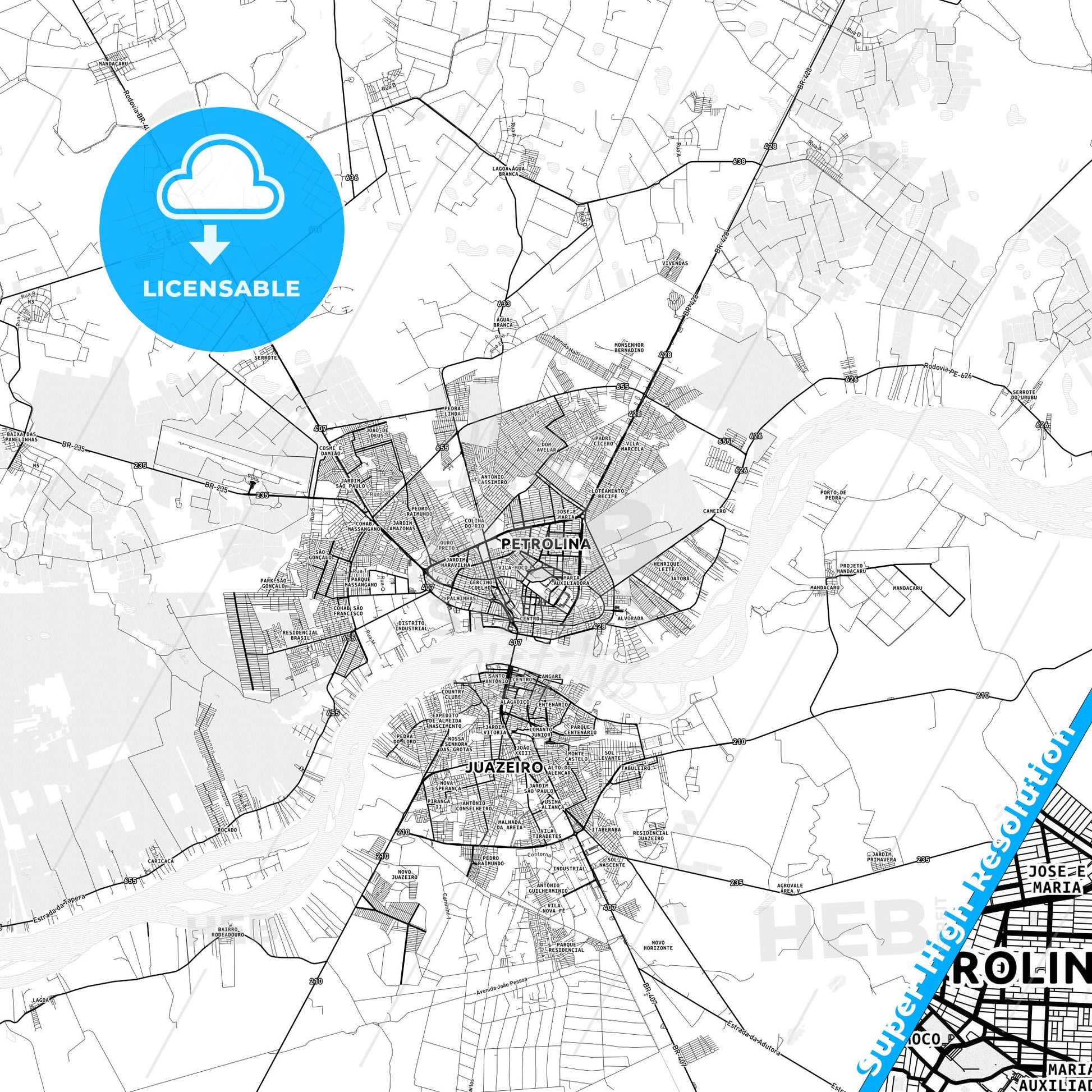 Petrolina, Brazil light map with streetnames, citynames and districts