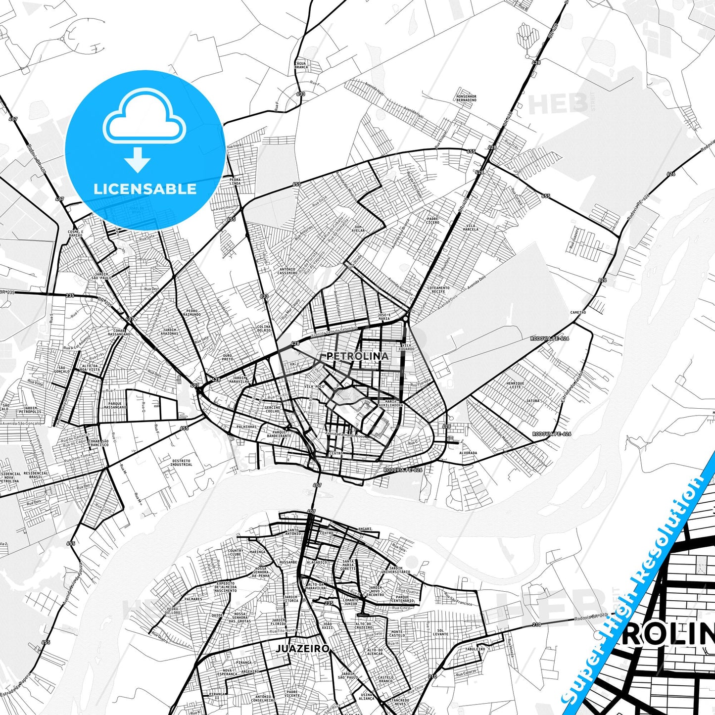 Petrolina, Brazil Light Map with Street Names, City Names, and Districts