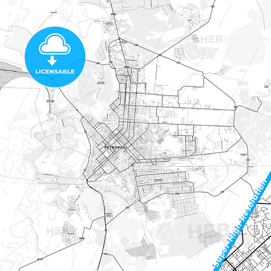 Petropavl, Kazakhstan light map with streetnames, citynames and districts