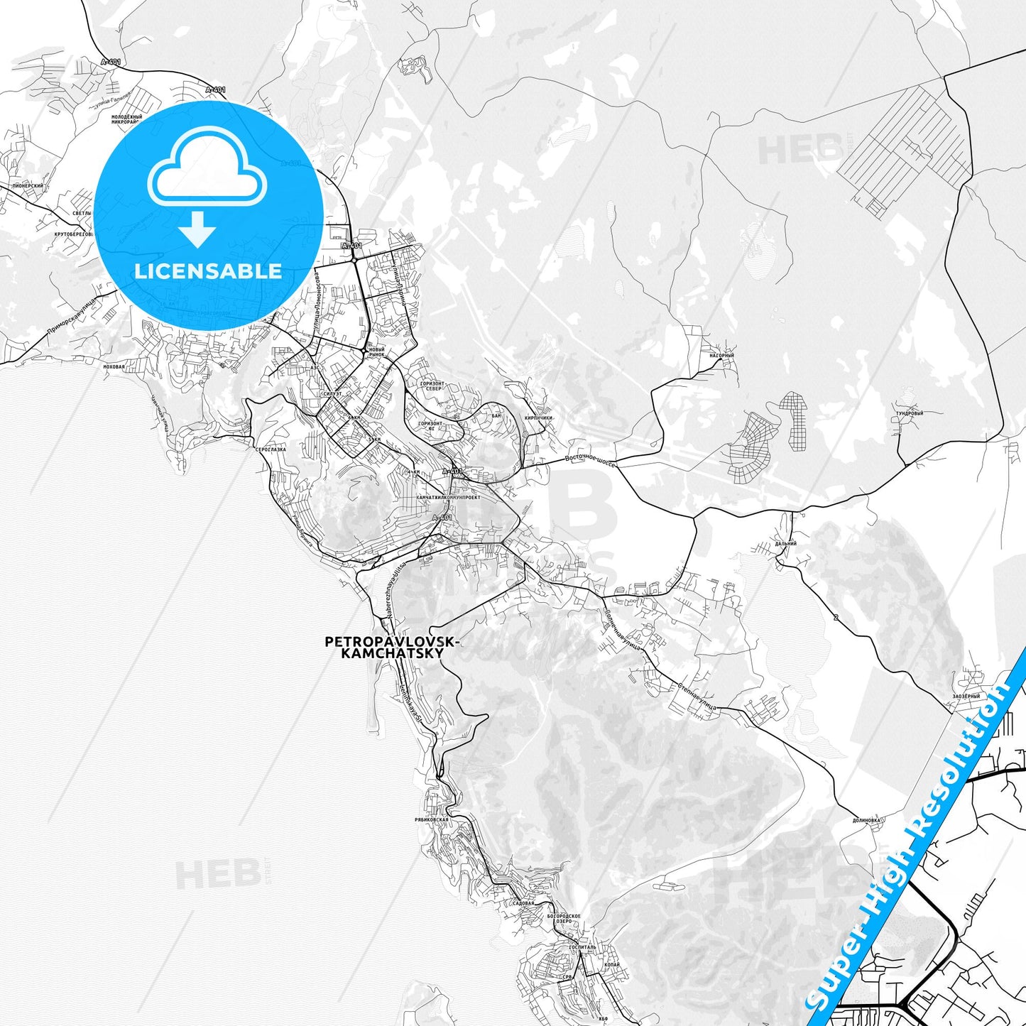 Petropavlovsk-Kamchatsky, Russia light map with streetnames, citynames and districts