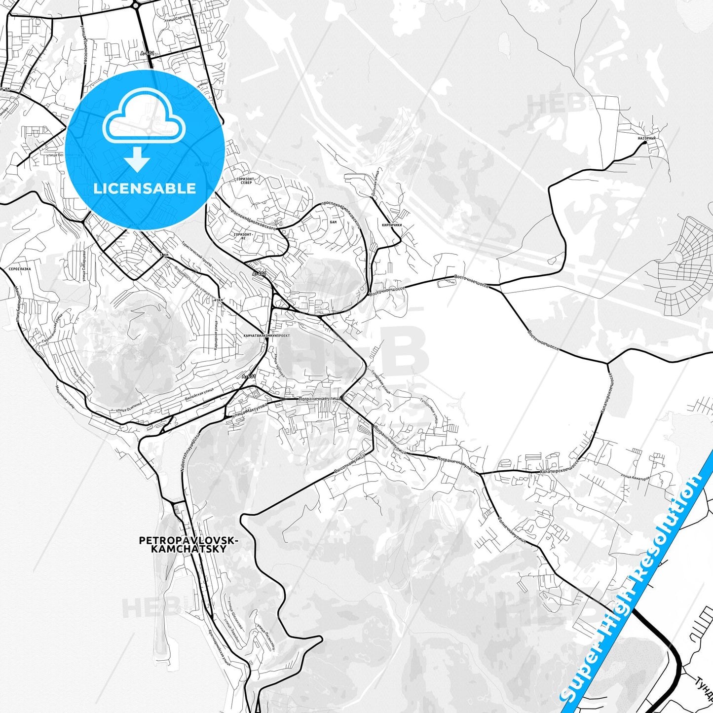 Petropavlovsk-Kamchatsky, Russia Light Map with Street Names, City Names, and Districts
