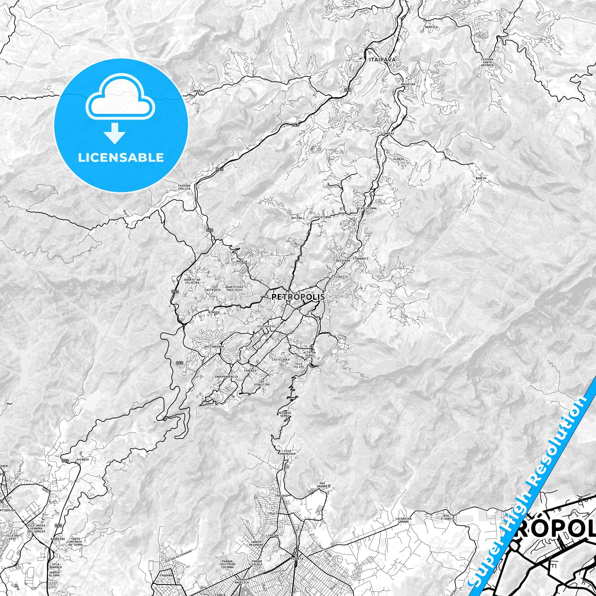 Petropolis, Brazil light map with streetnames, citynames and districts