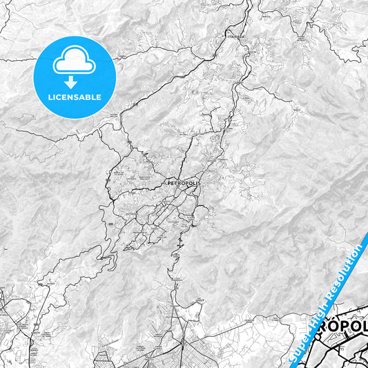 Petropolis, Brazil light map with streetnames, citynames and districts