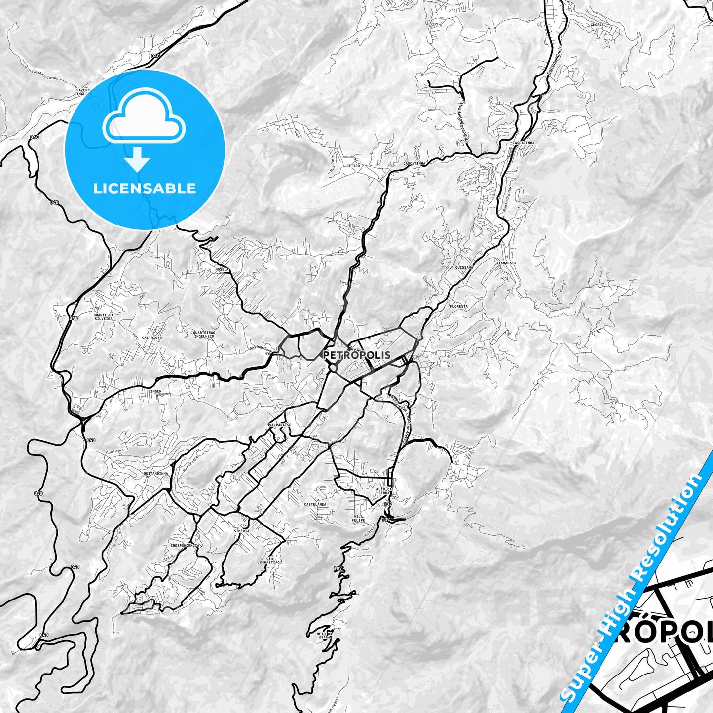 Petropolis, Brazil Light Map with Street Names, City Names, and Districts