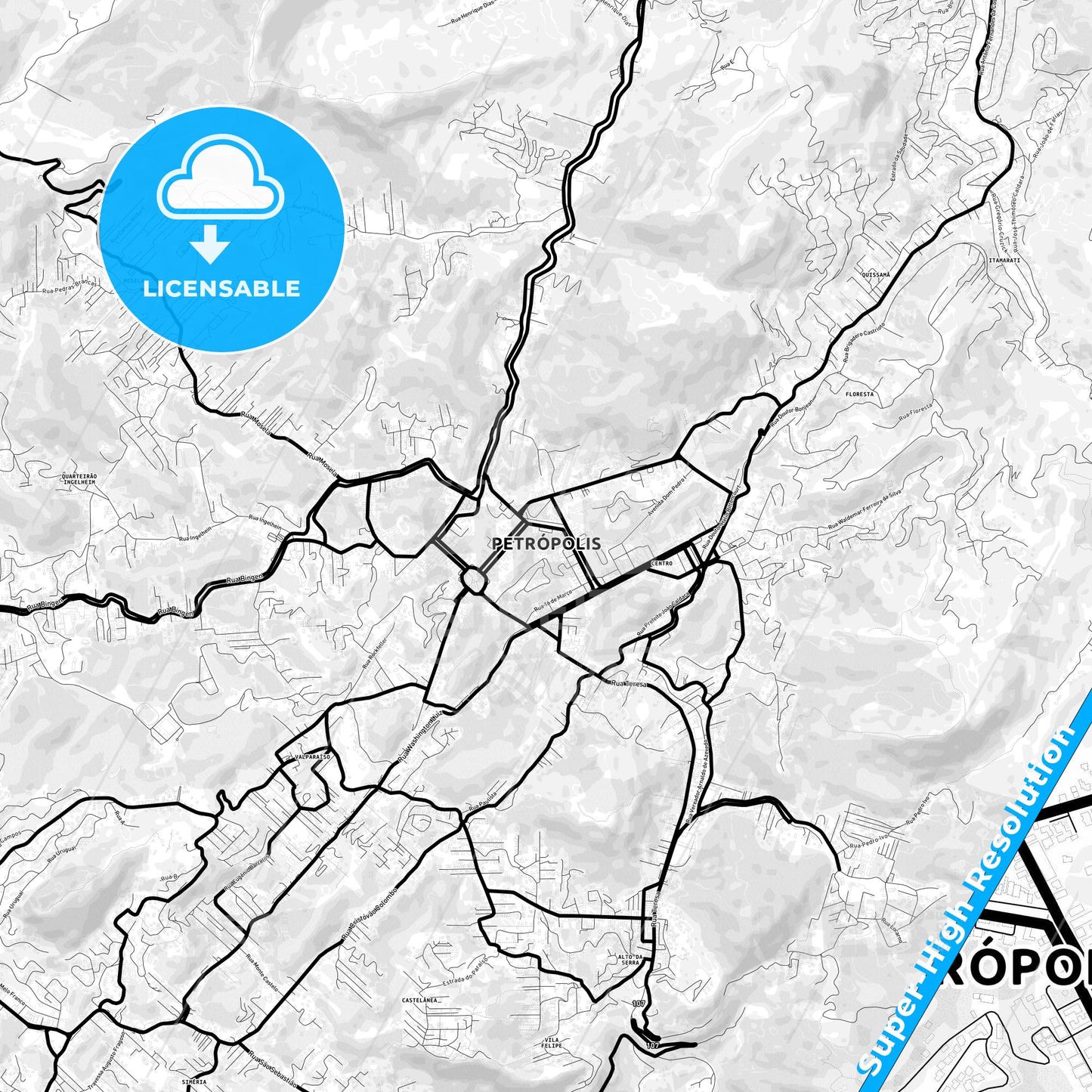Petropolis, Brazil Light Map with Street Names, City Names, and Districts
