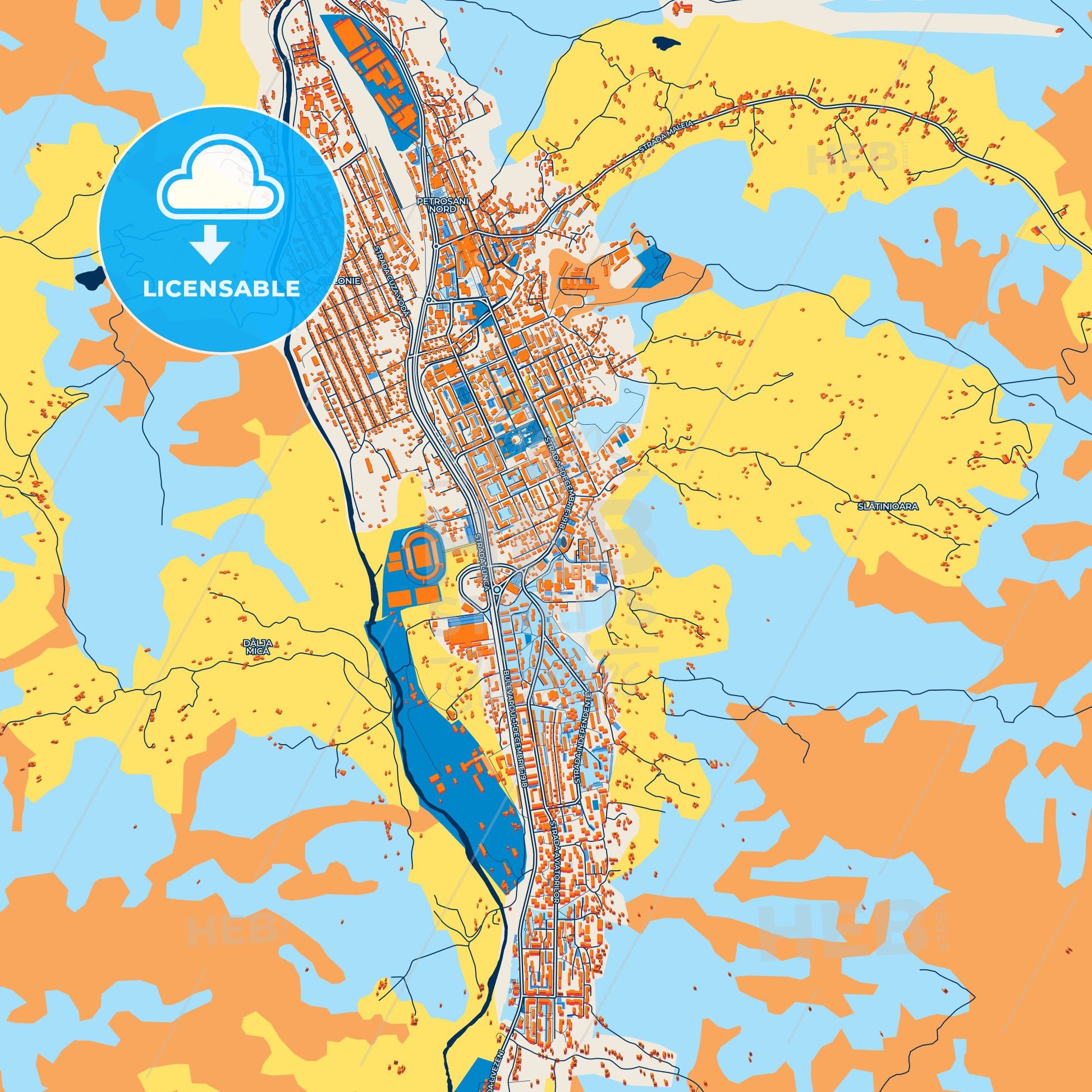 Colorful Petroșani Street Map with Labels and Buildings