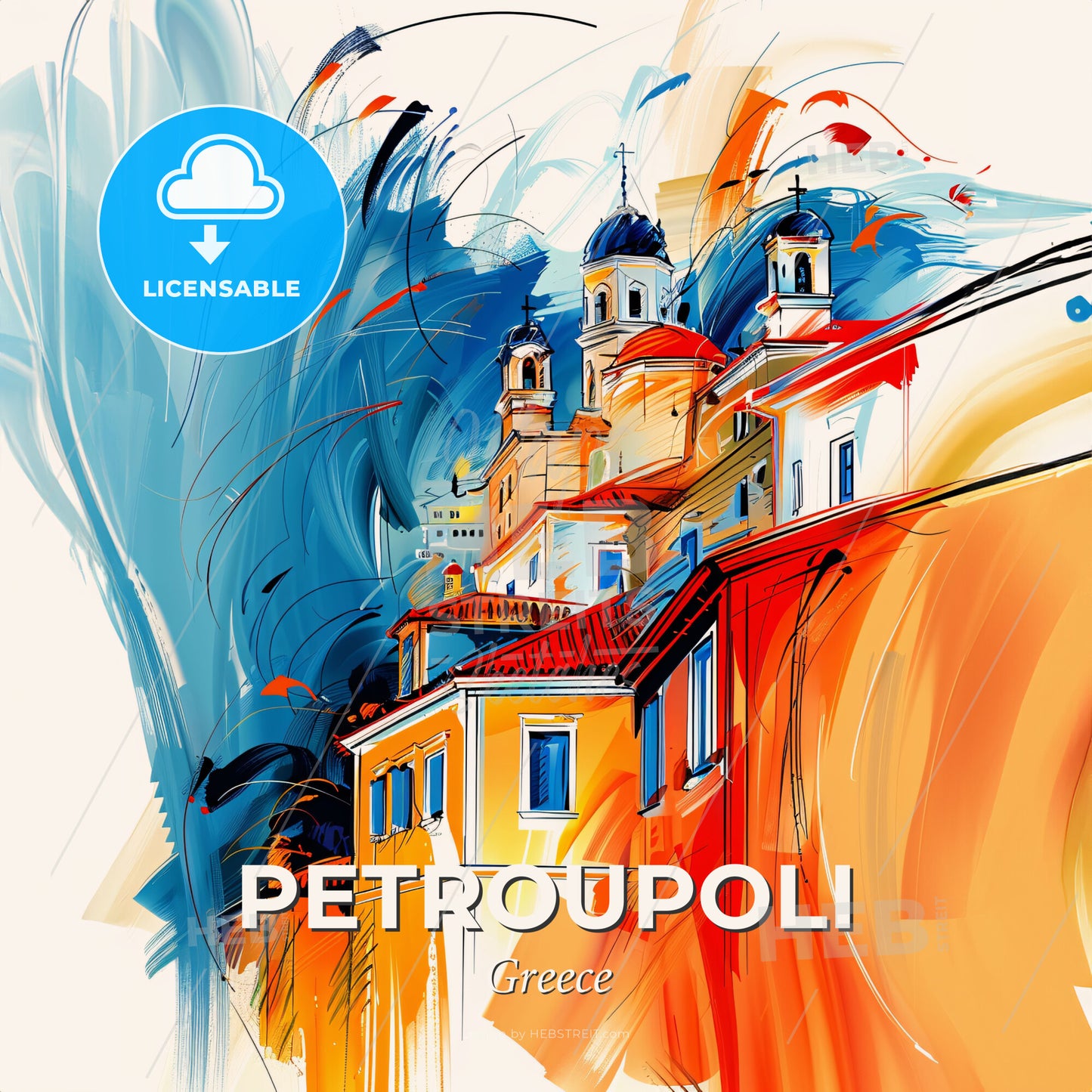 Vibrant Petroupoli, Greece - A Painting Of A Building With A Colorful Background - Square format print template