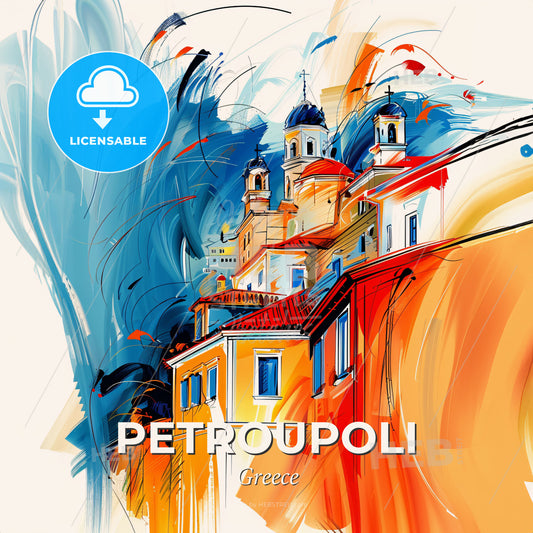 Vibrant Petroupoli, Greece - A Painting Of A Building With A Colorful Background - Square format print template