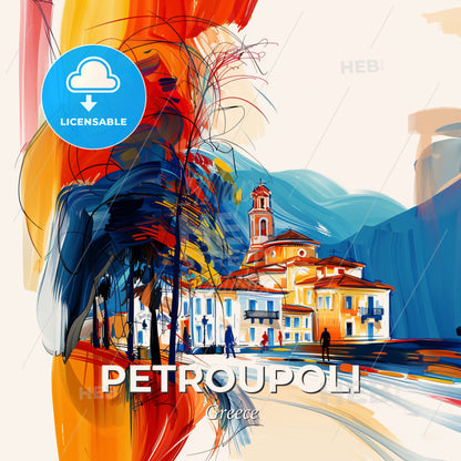 Vibrant Petroupoli, Greece - A Painting Of A Building And Trees - Square format print template