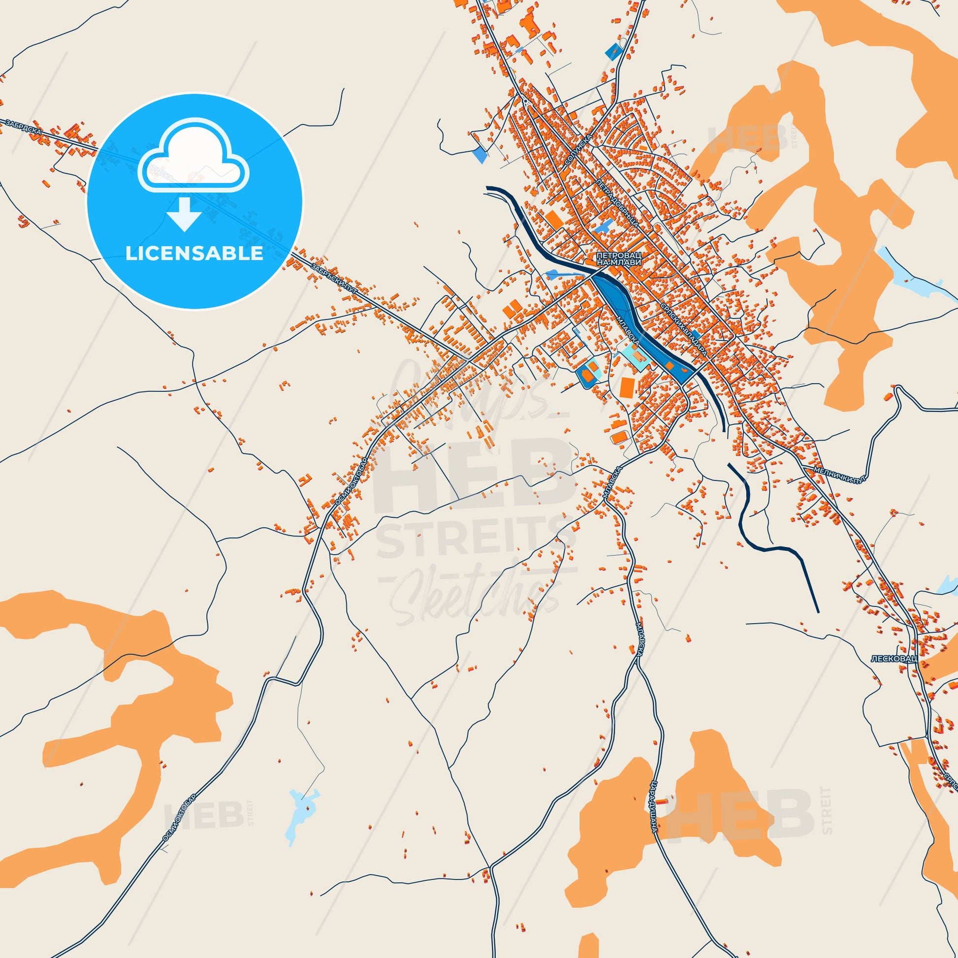 Colorful Petrovac na Mlavi Street Map with Labels and Buildings