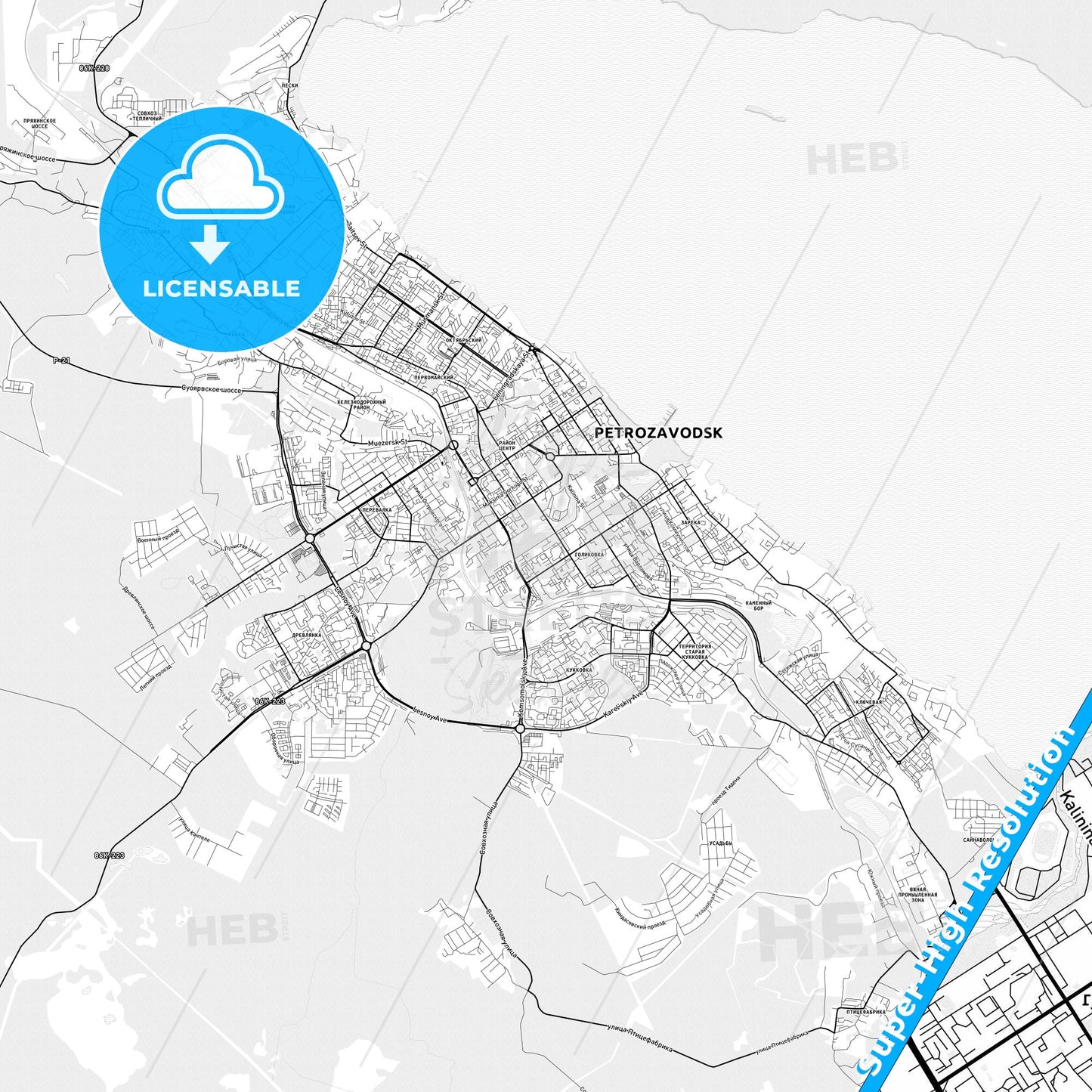 Petrozavodsk, Russia light map with streetnames, citynames and districts