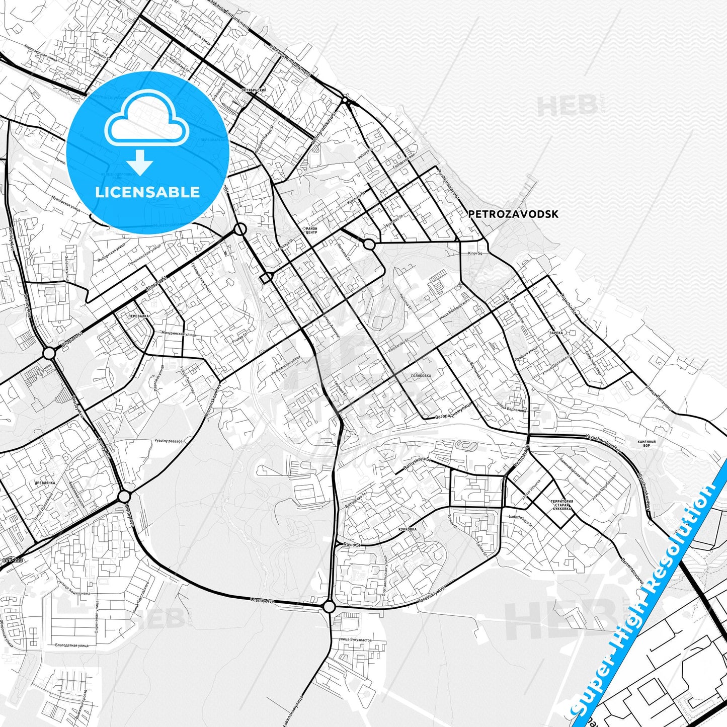 Petrozavodsk, Russia Light Map with Street Names, City Names, and Districts