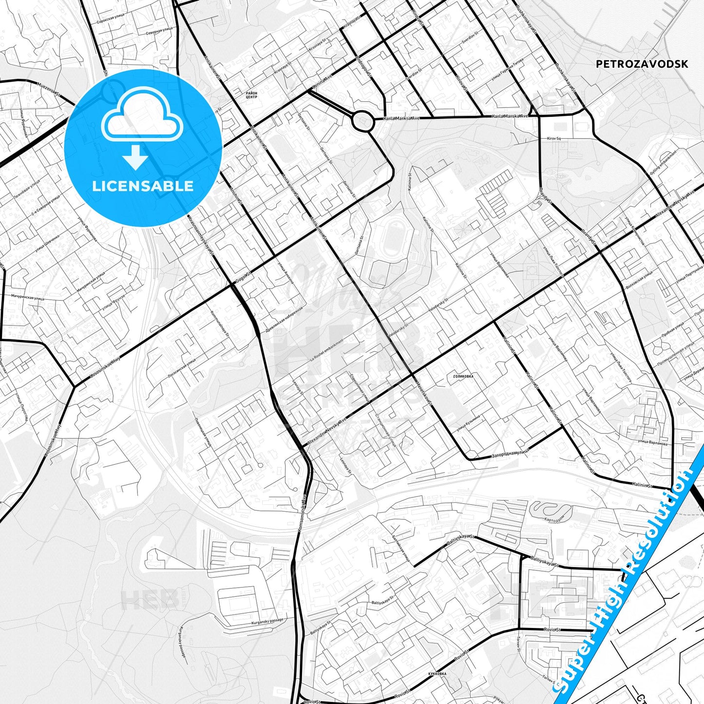 Petrozavodsk, Russia Light Map with Street Names, City Names, and Districts