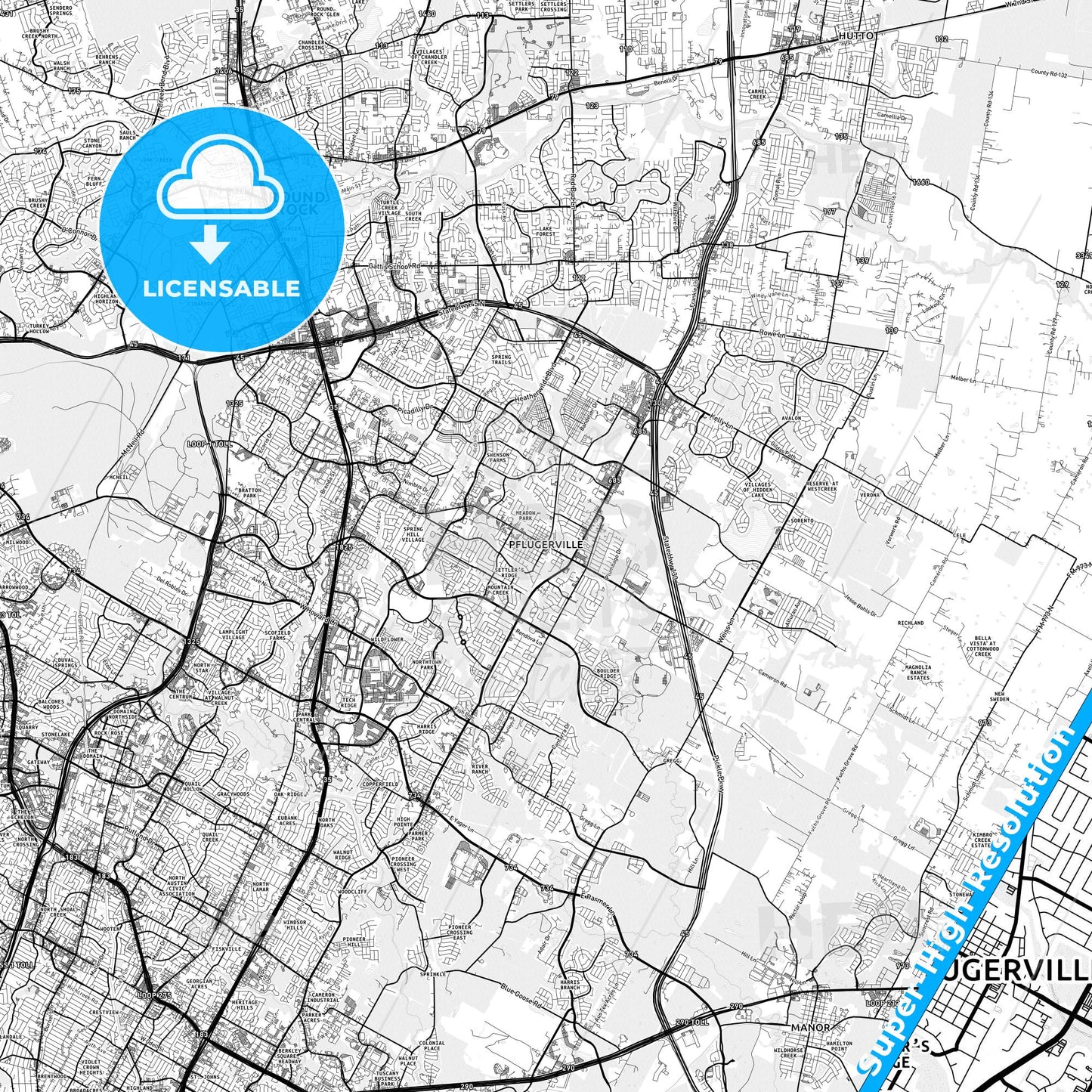 Pflugerville, Texas light map with streetnames, citynames and districts