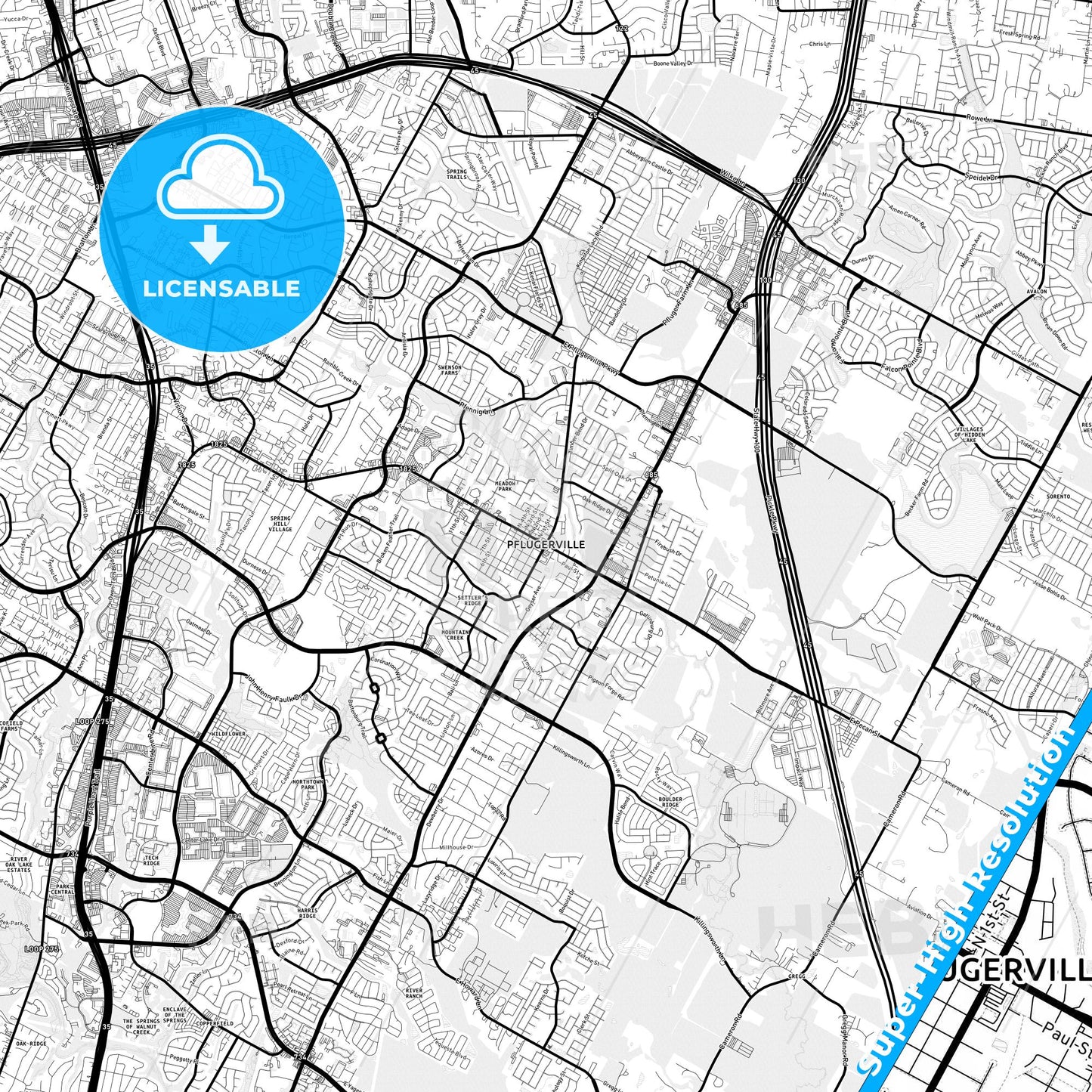 Pflugerville, Texas Light Map with Street Names, City Names, and Districts