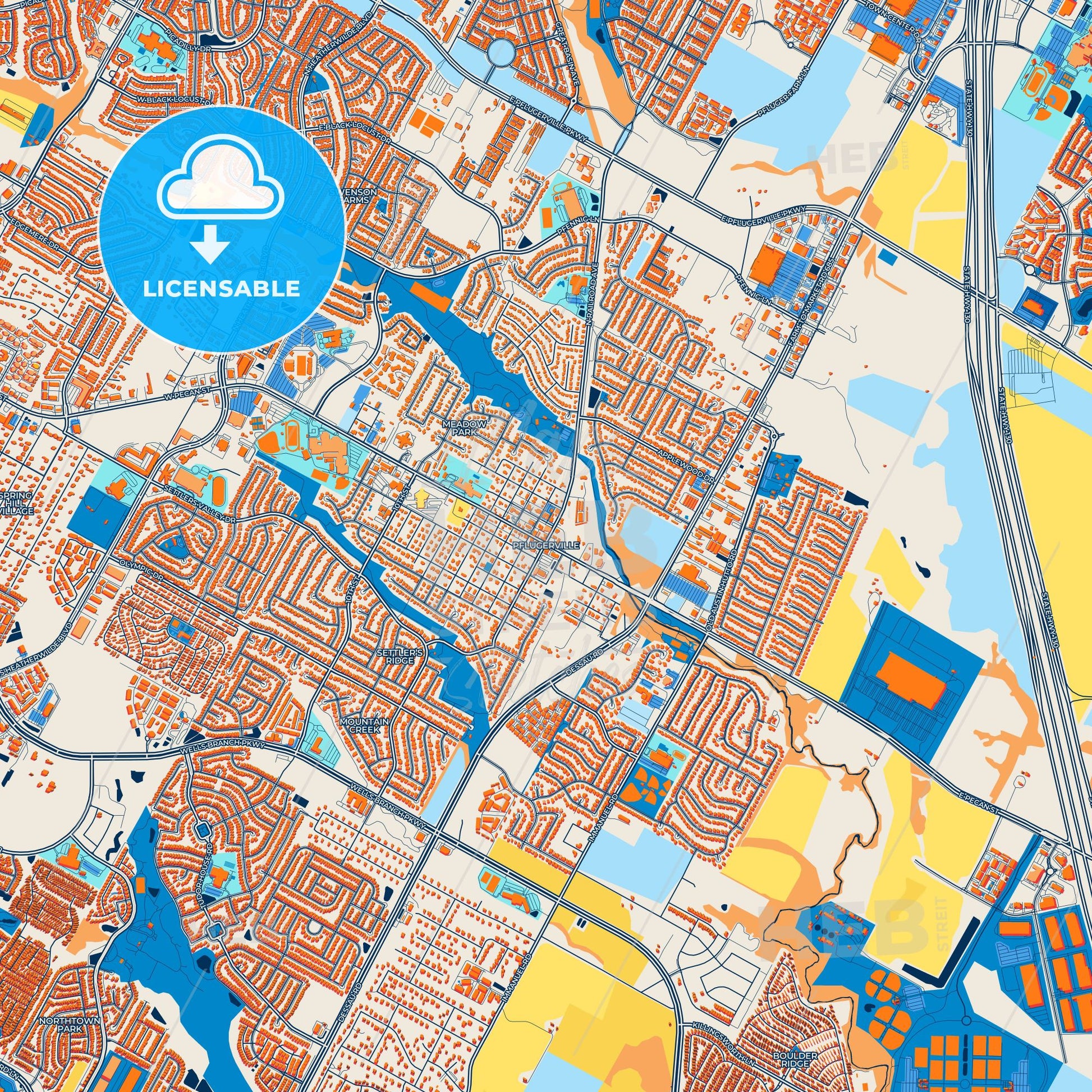 Colorful Pflugerville Street Map with Labels and Buildings